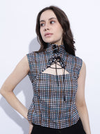 Checks Tie Detail Structured Sleeveless Top
