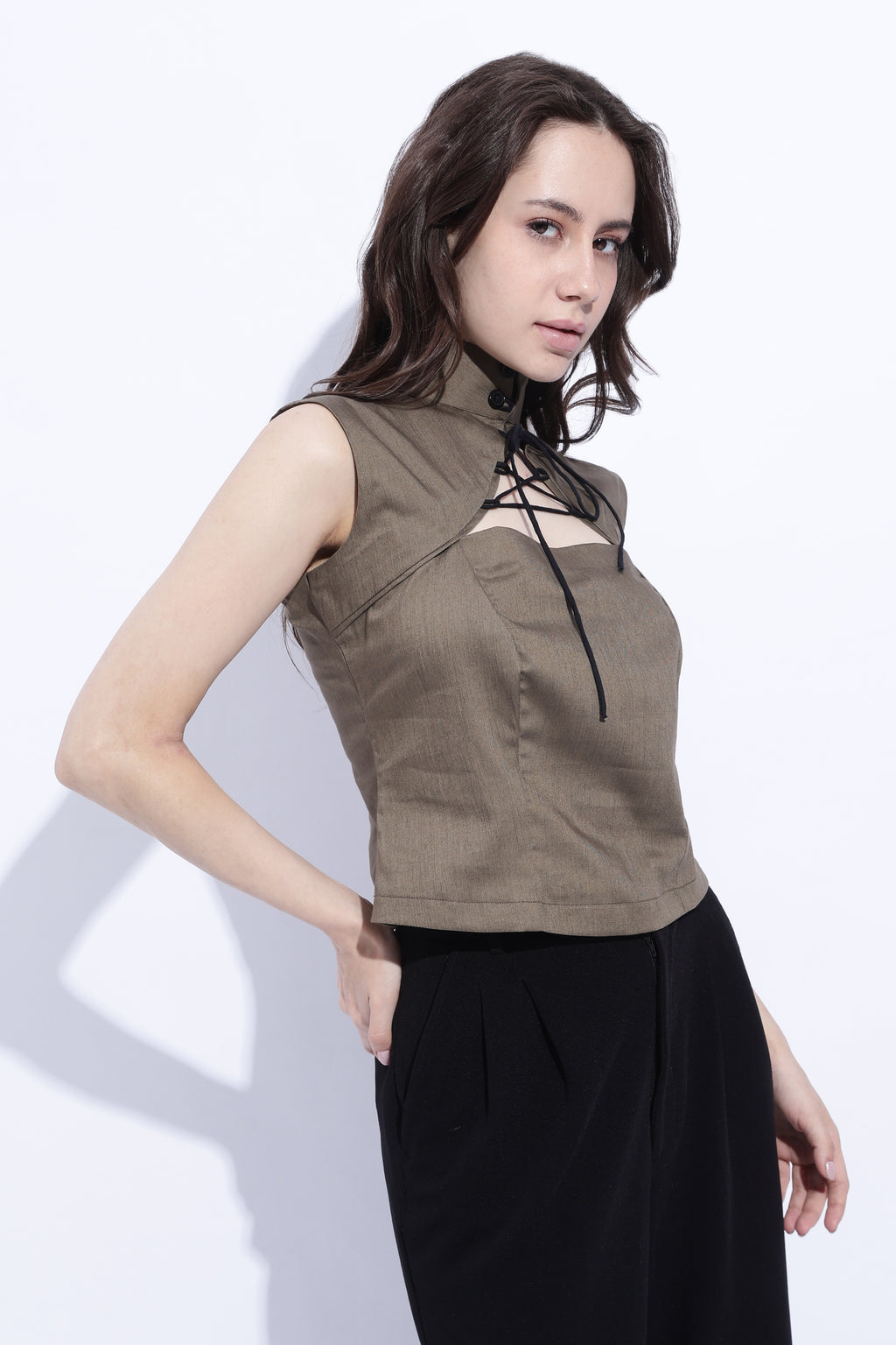 Olive Tie Detail Structured Sleeveless Top