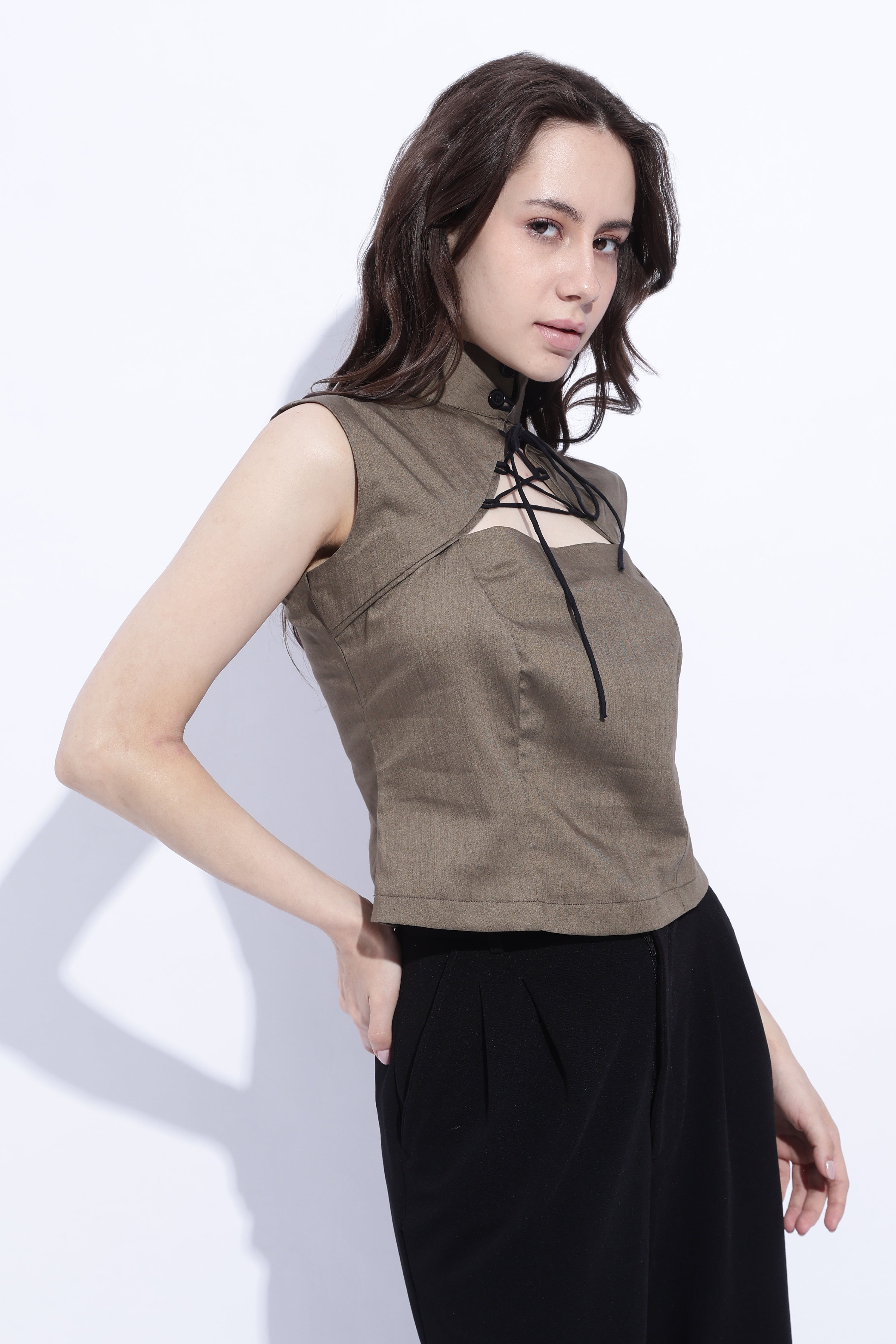 Olive Tie Detail Structured Sleeveless Top