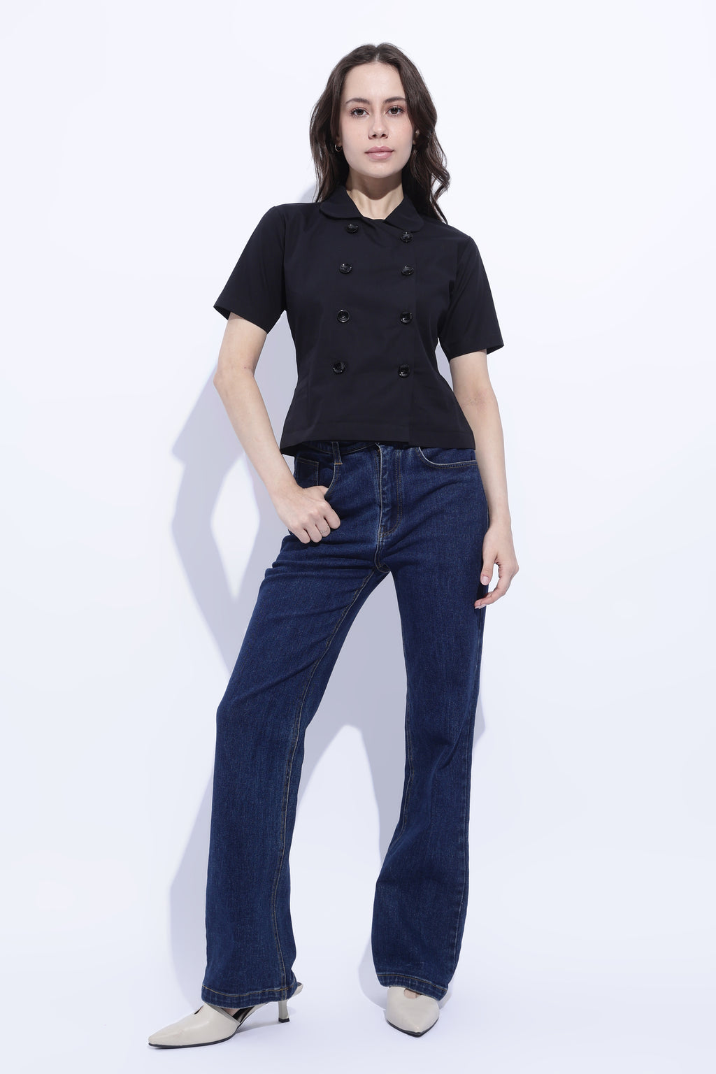 Noir Double-Breasted Short Sleeve Top
