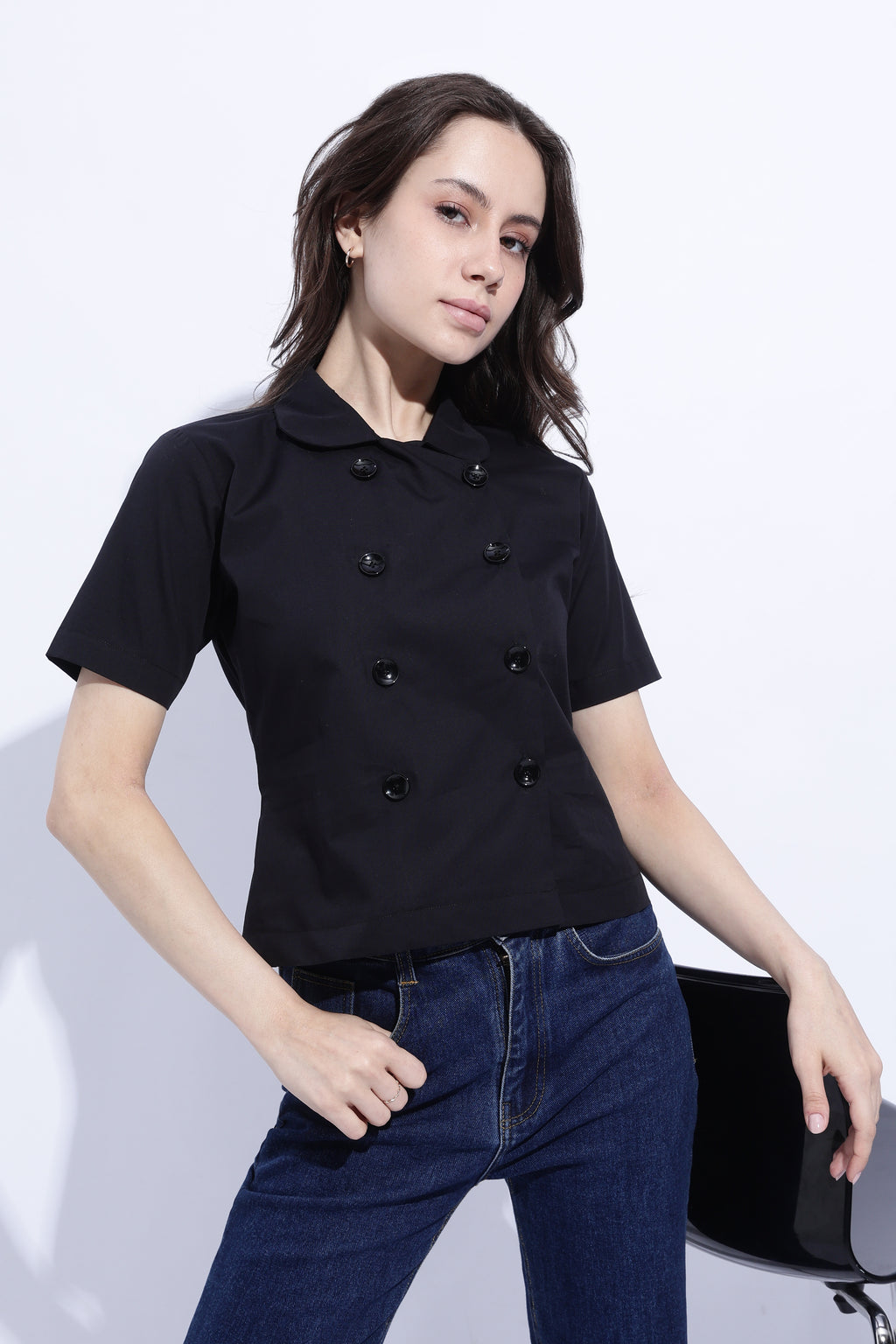Noir Double-Breasted Short Sleeve Top