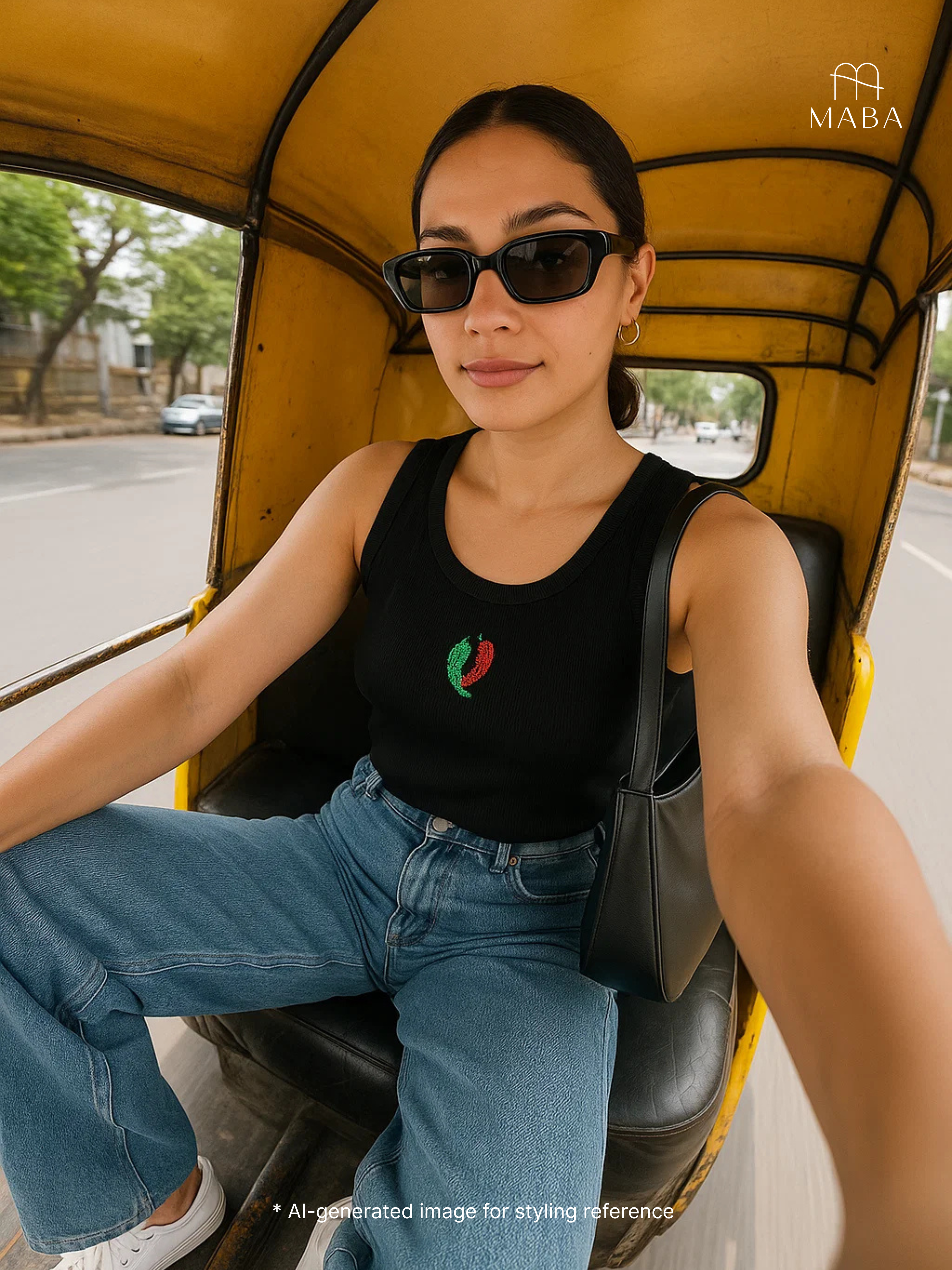 Black chilli Hand embroidered Cotton Tank Top
