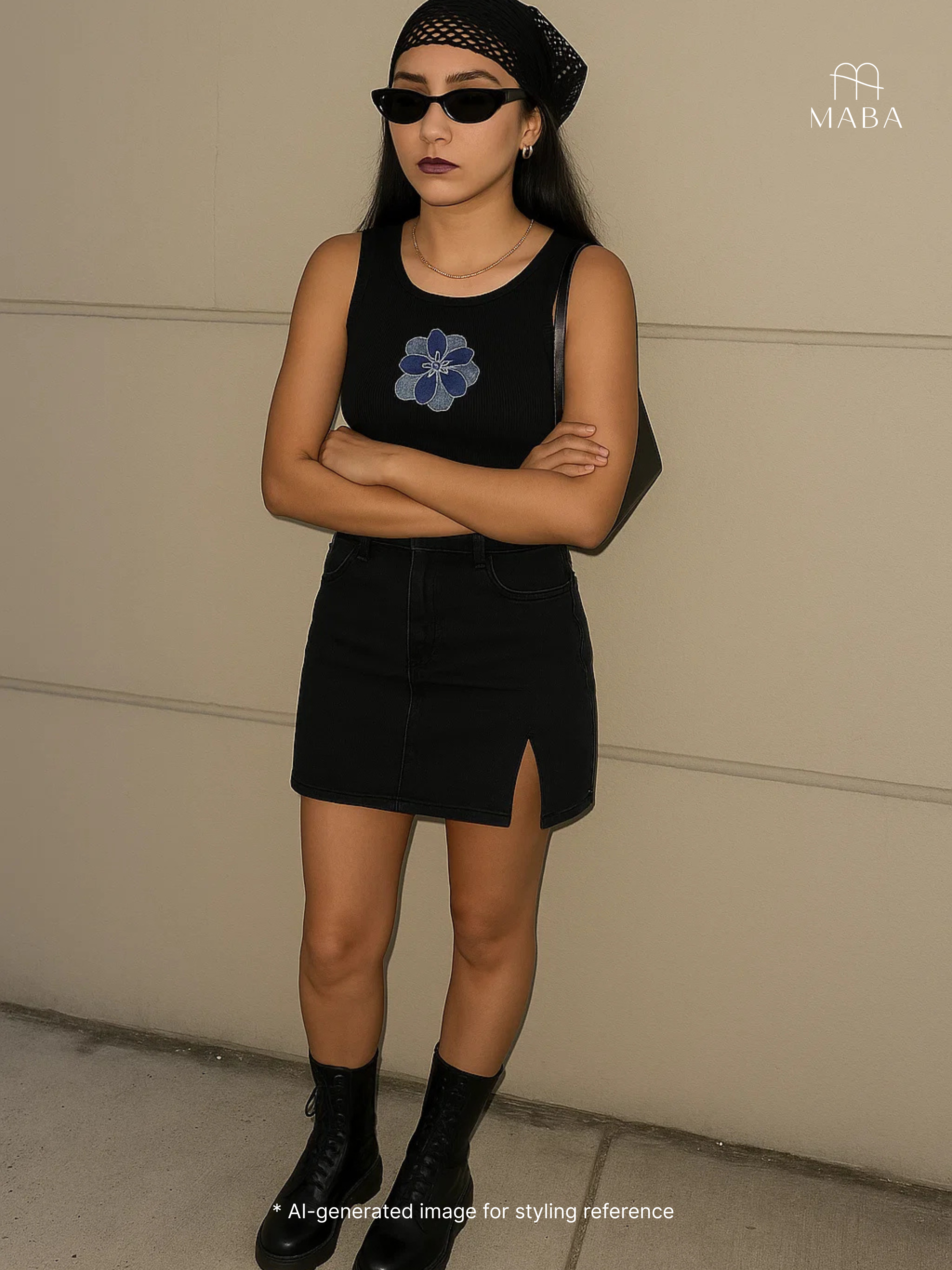 Black flower Hand embroidered  Cotton Tank Top
