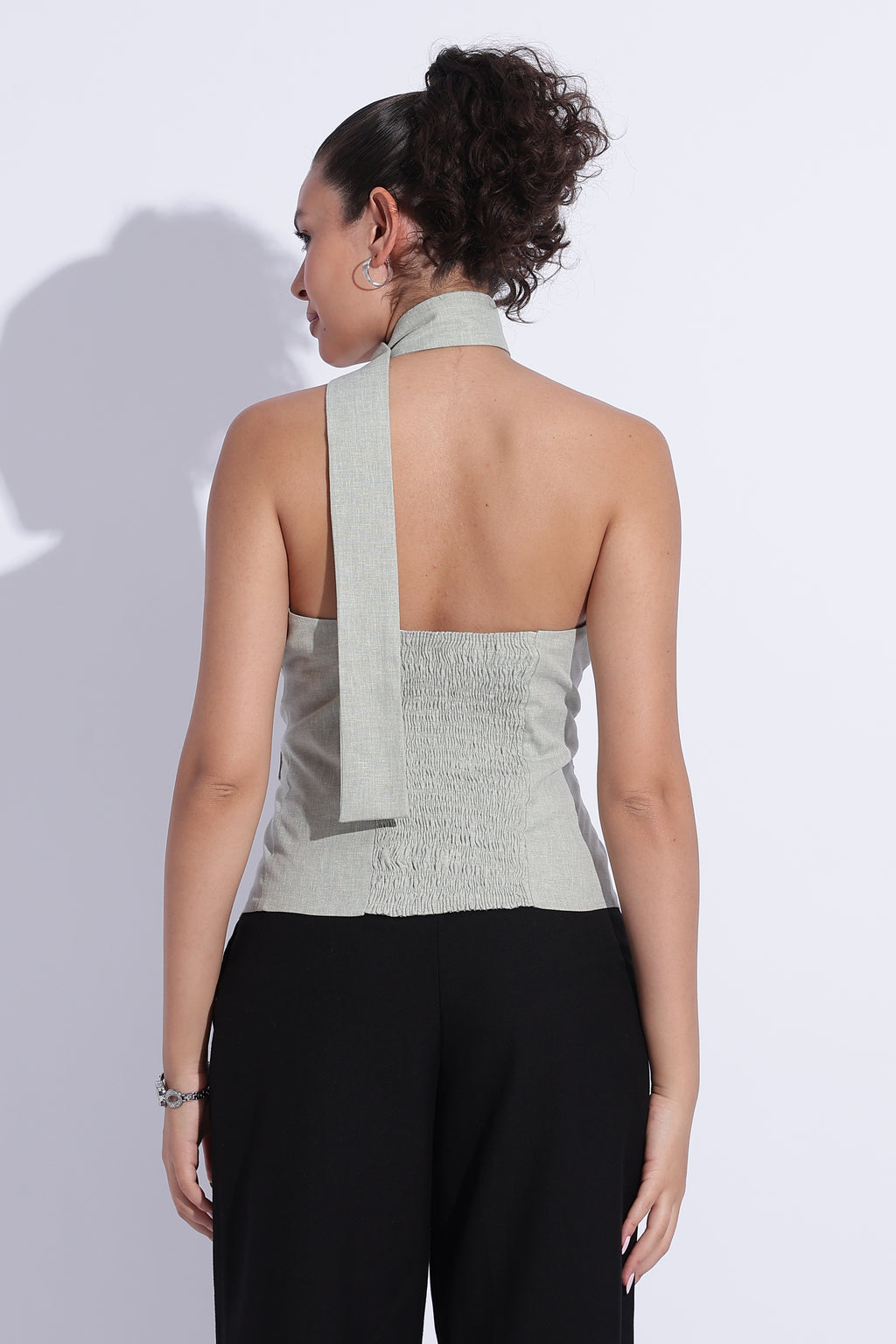 Scarf Neck Linen Tailored Top – Light Green