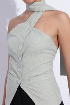 Scarf Neck Linen Tailored Top – Light Green