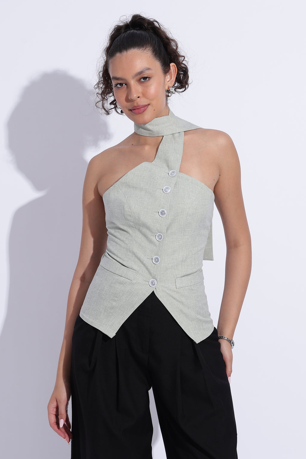 Scarf Neck Linen Tailored Top – Light Green