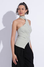 Scarf Neck Linen Tailored Top – Light Green
