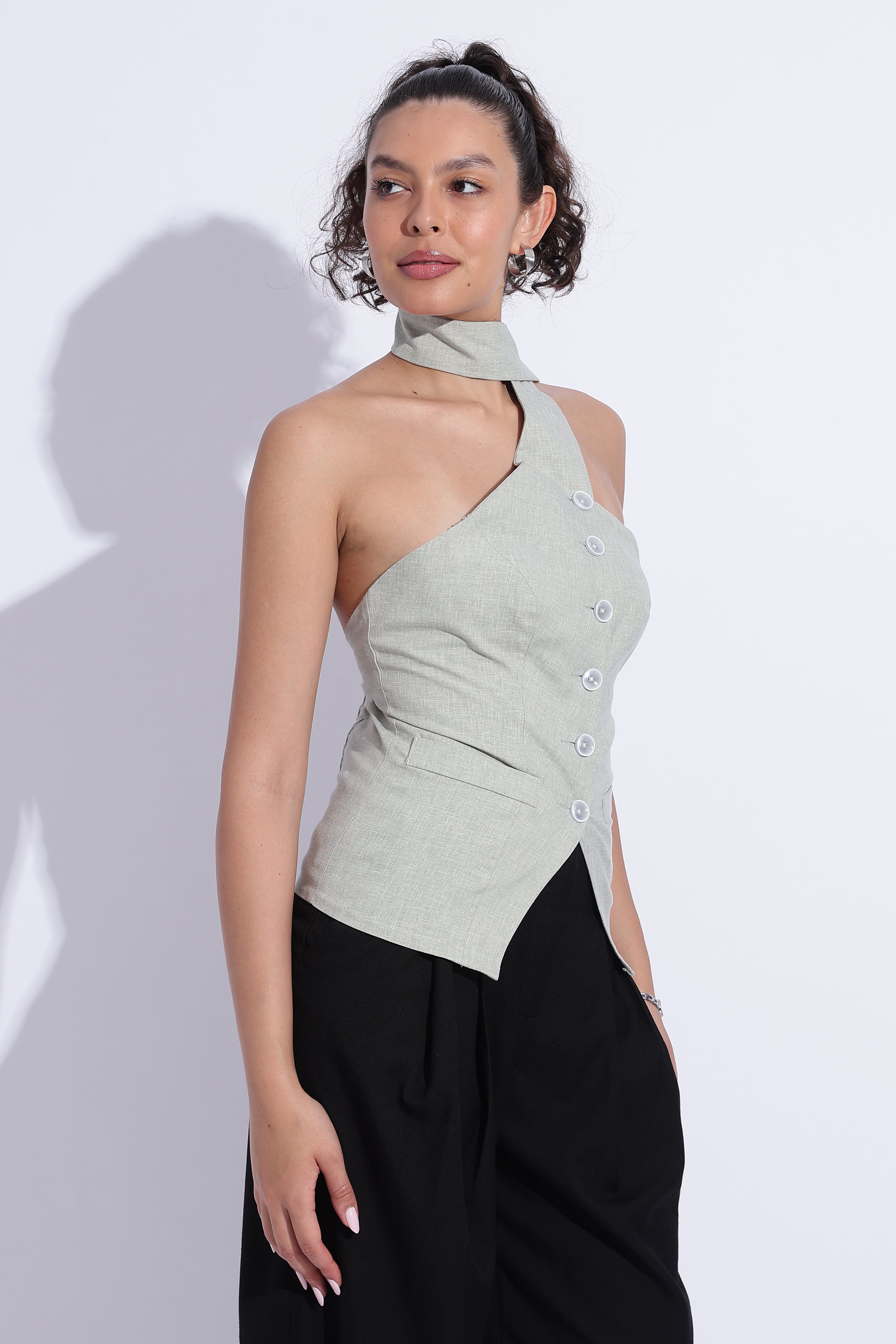 Scarf Neck Linen Tailored Top – Light Green