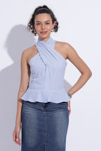 Blue Striped Halter Scarf Cotton Top
