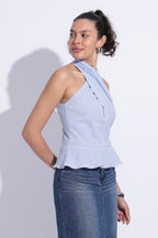 Blue Striped Halter Scarf Cotton Top