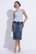 Blue Striped Halter Scarf Cotton Top