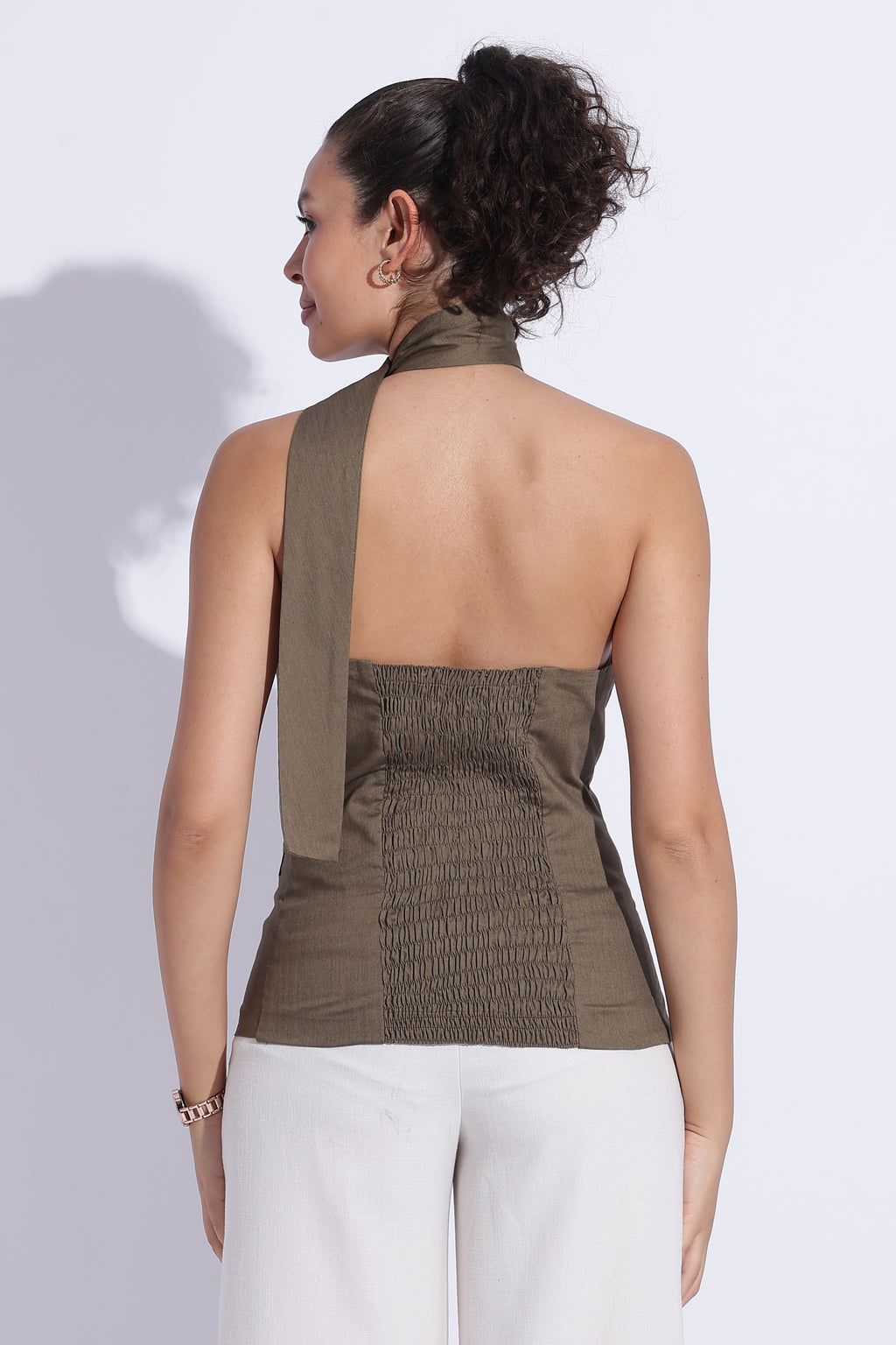 Scarf Neck Tailored Top – Olive Green