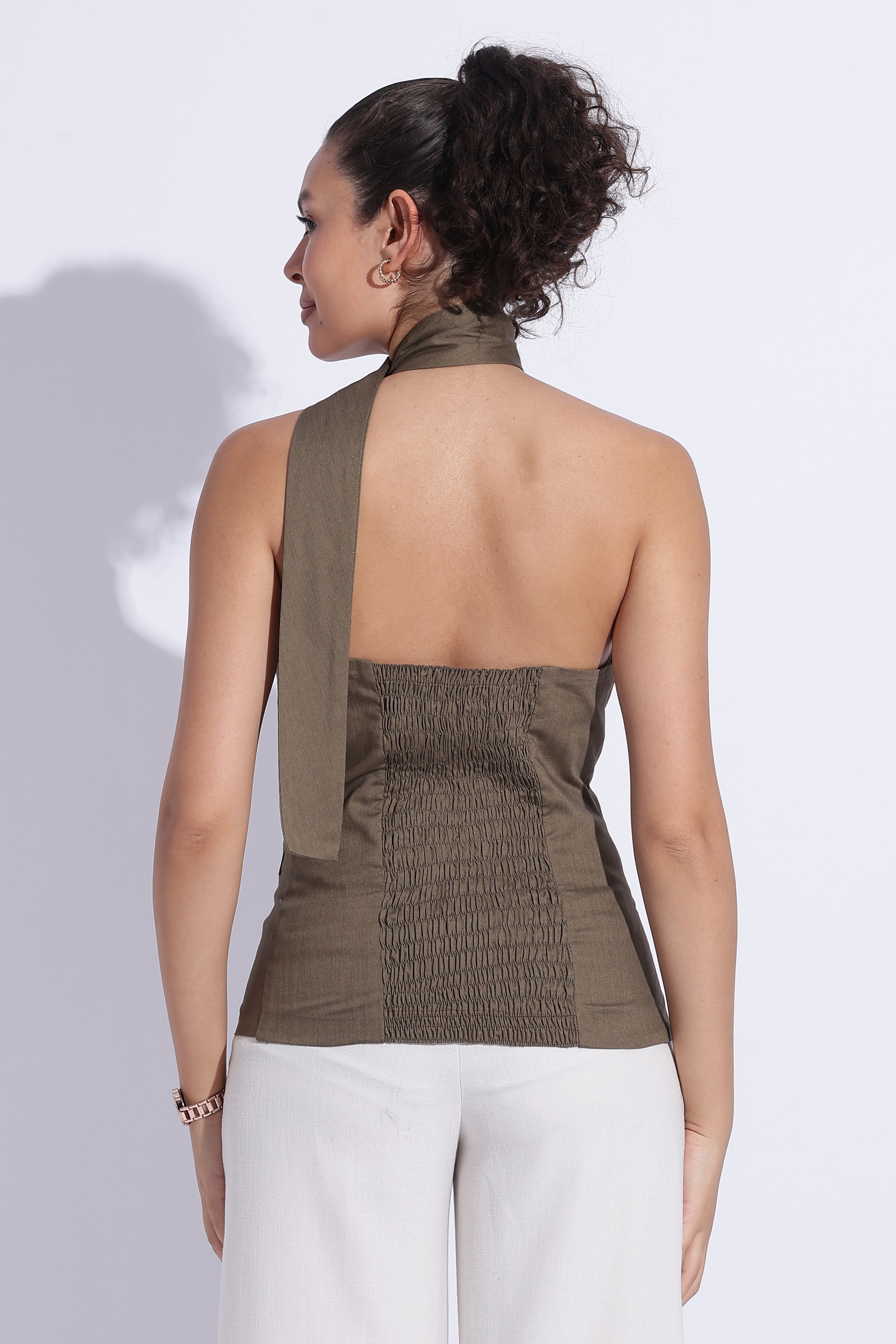 Scarf Neck Tailored Top – Olive Green