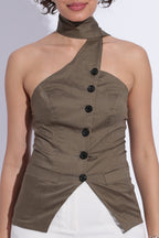 Scarf Neck Tailored Top – Olive Green