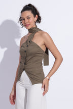 Scarf Neck Tailored Top – Olive Green