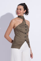 Scarf Neck Tailored Top – Olive Green