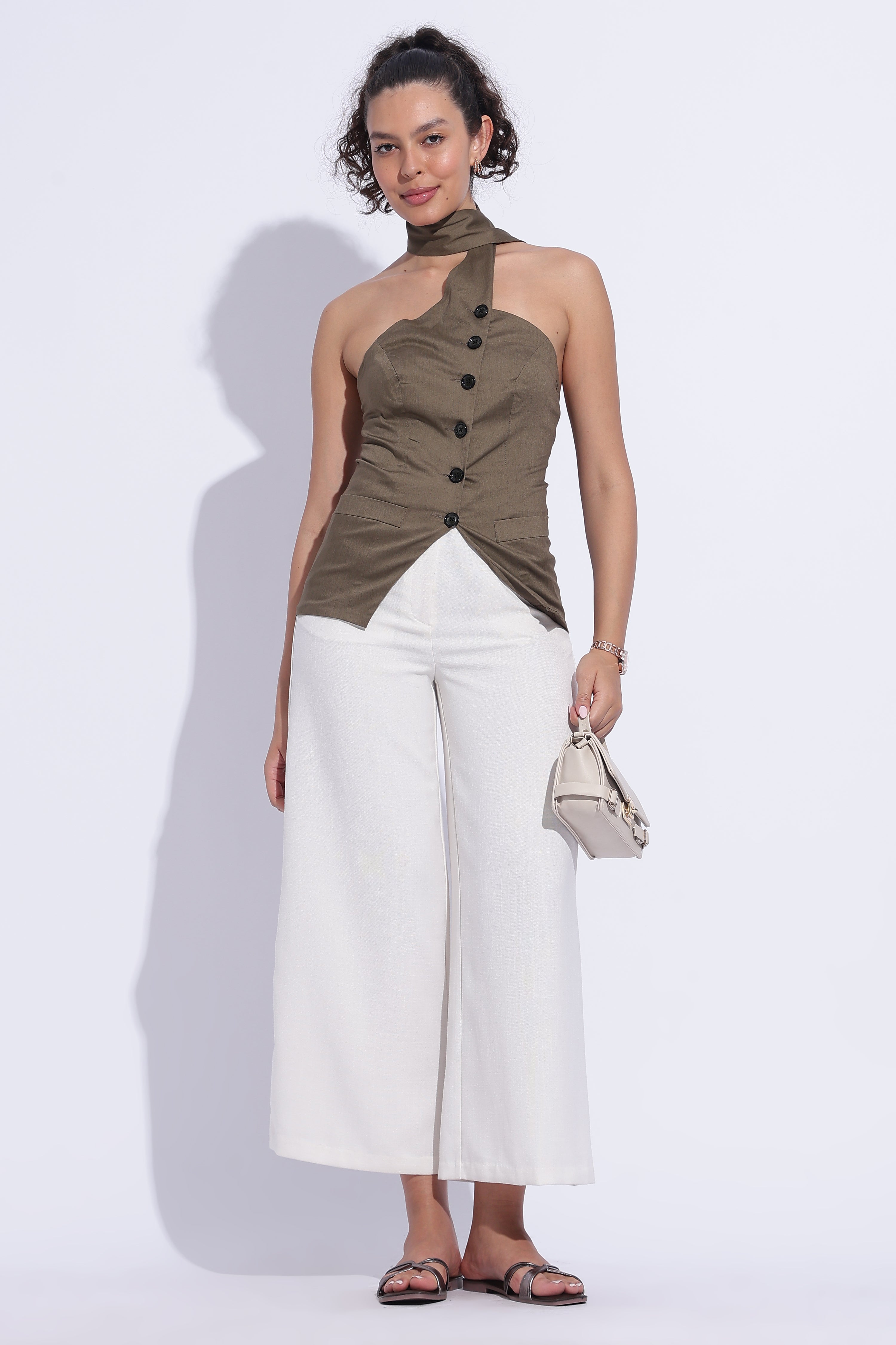 Scarf Neck Tailored Top – Olive Green