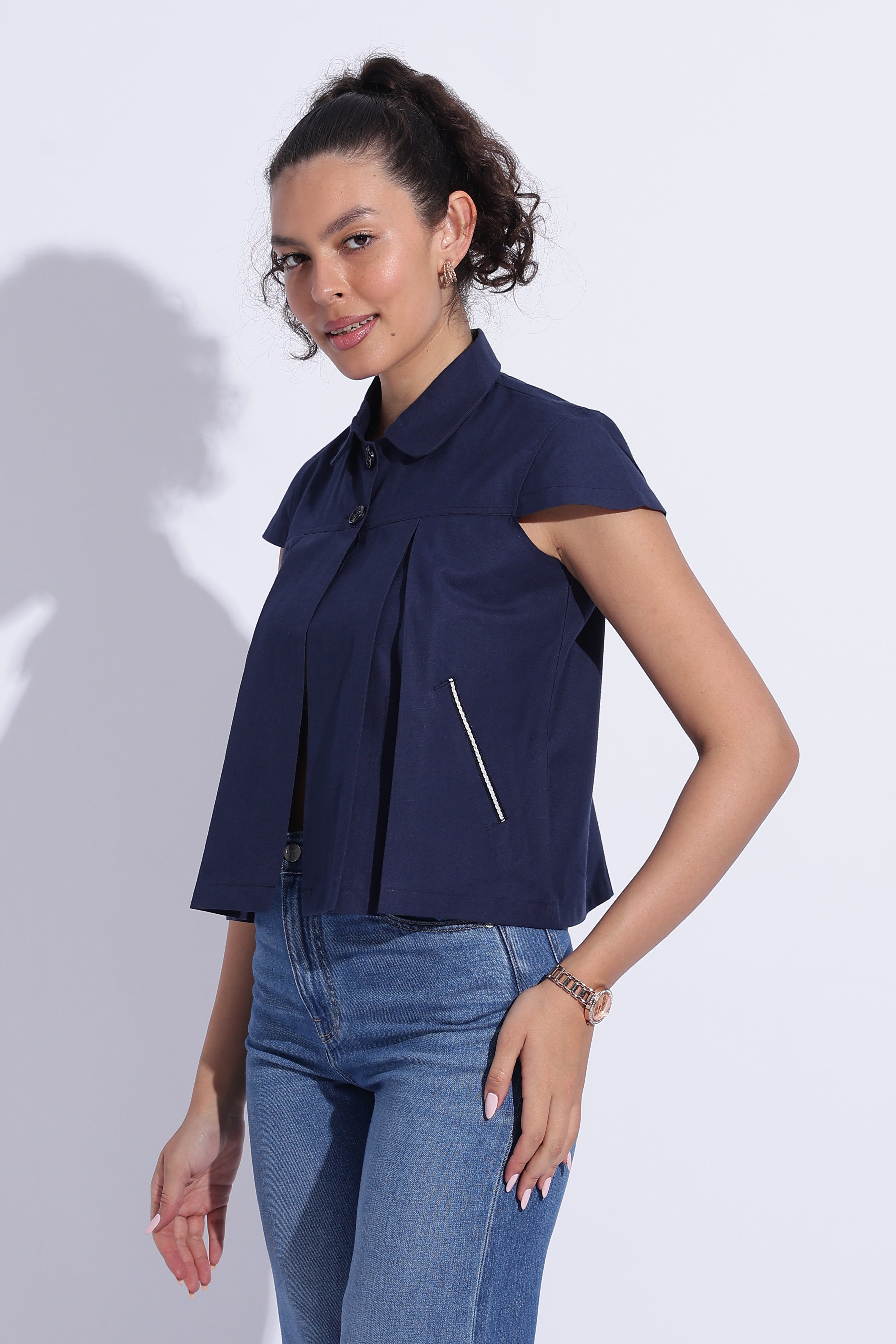 Blue Cotton Linen Cape Top