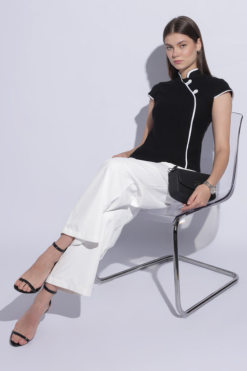 Contrast Mandarin Jersey Top