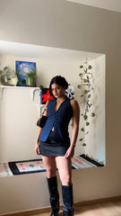 Handloom Blue Cotton Collared Waist Coat