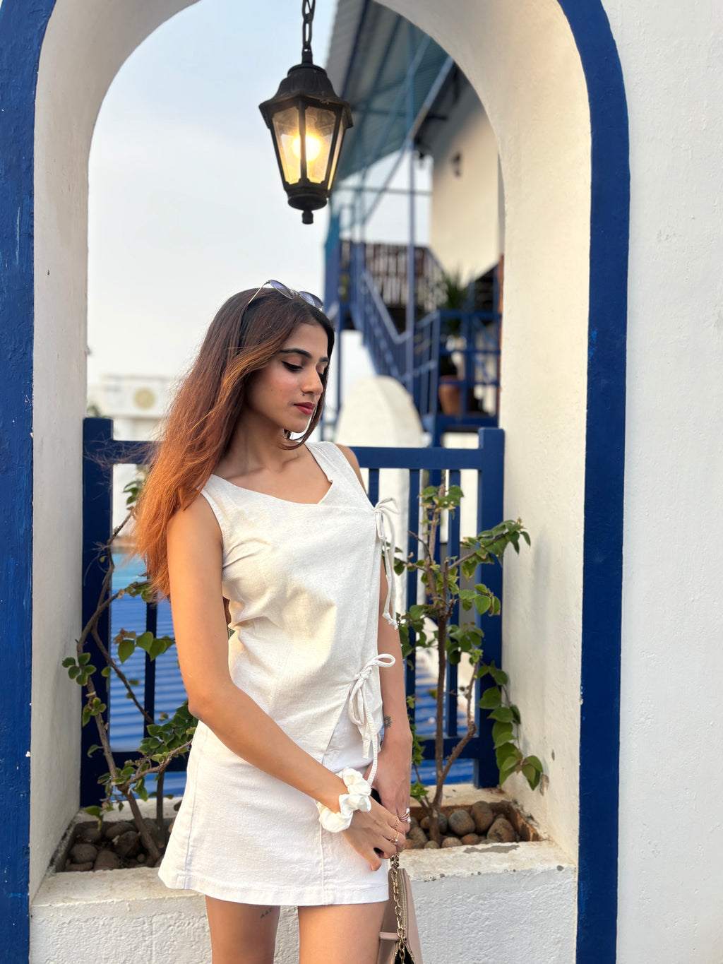 Cream Stretch khadi style Tie-Up top