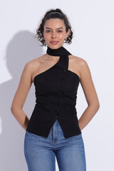 Scarf Neck Tailored Top – Black