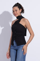 Scarf Neck Tailored Top – Black