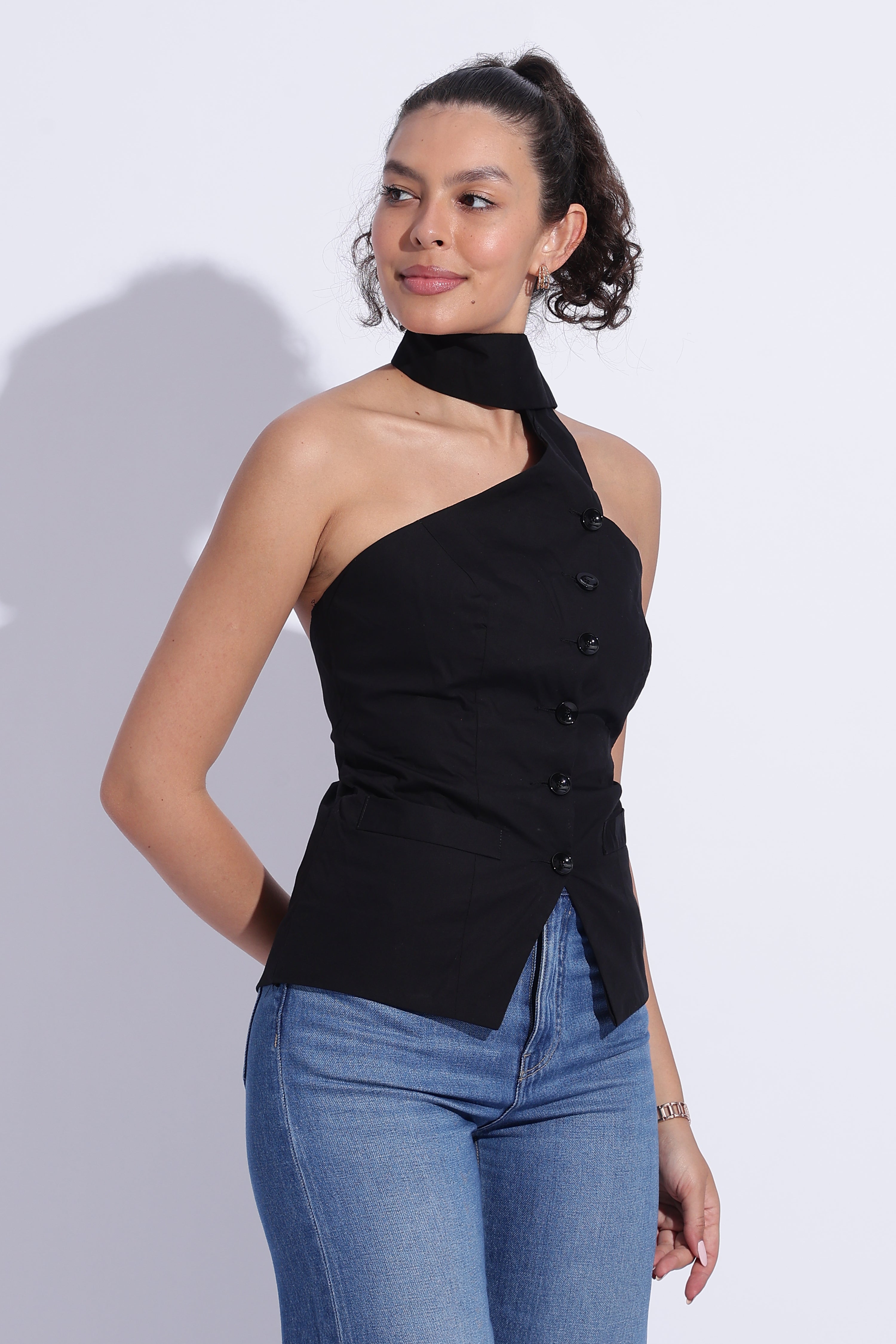Scarf Neck Tailored Top – Black