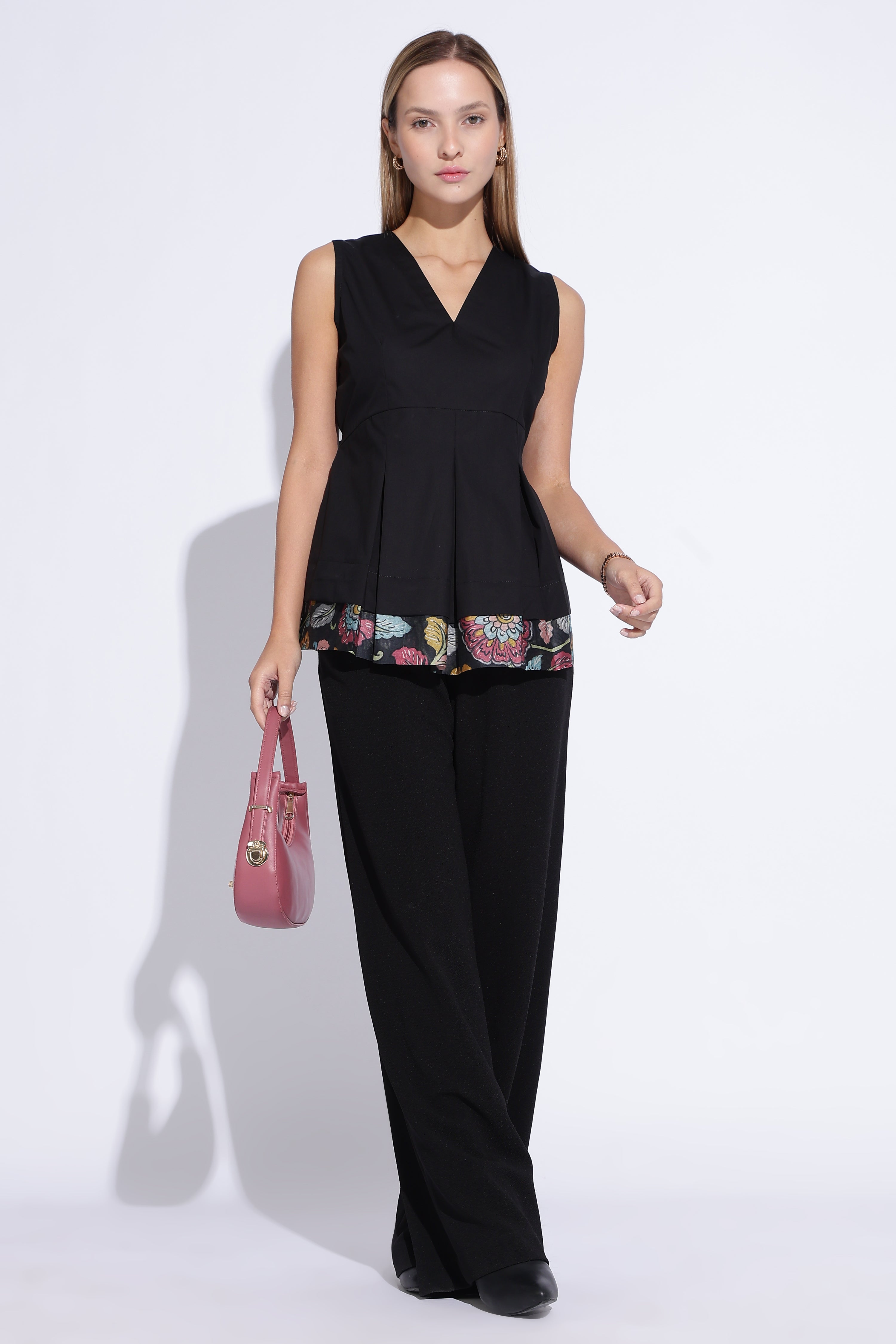 Black Pleated Kalamkari Top