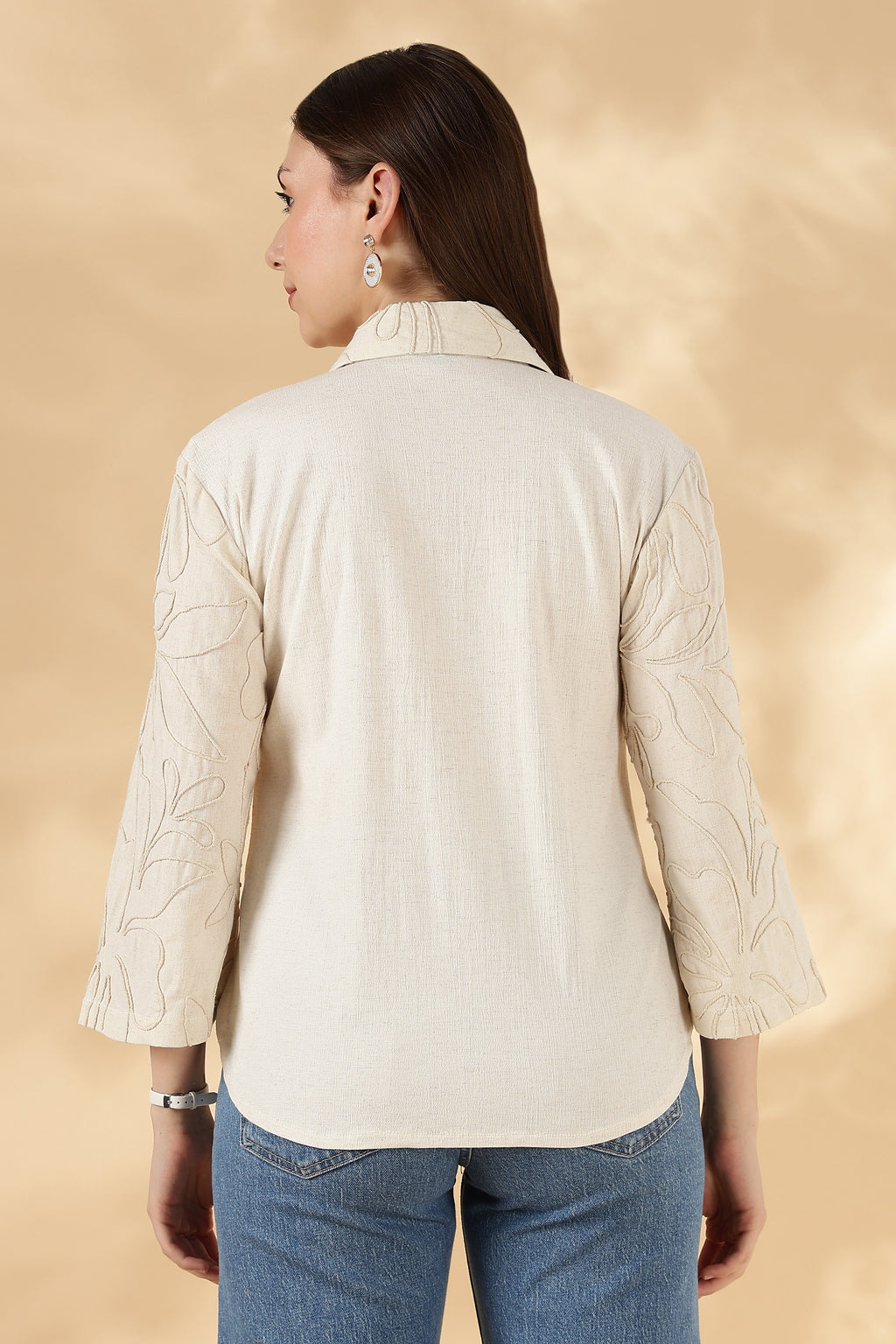 Khadi Style Cream Cotton Polo With 3/4th Hand Embroidered Bell Sleeves
