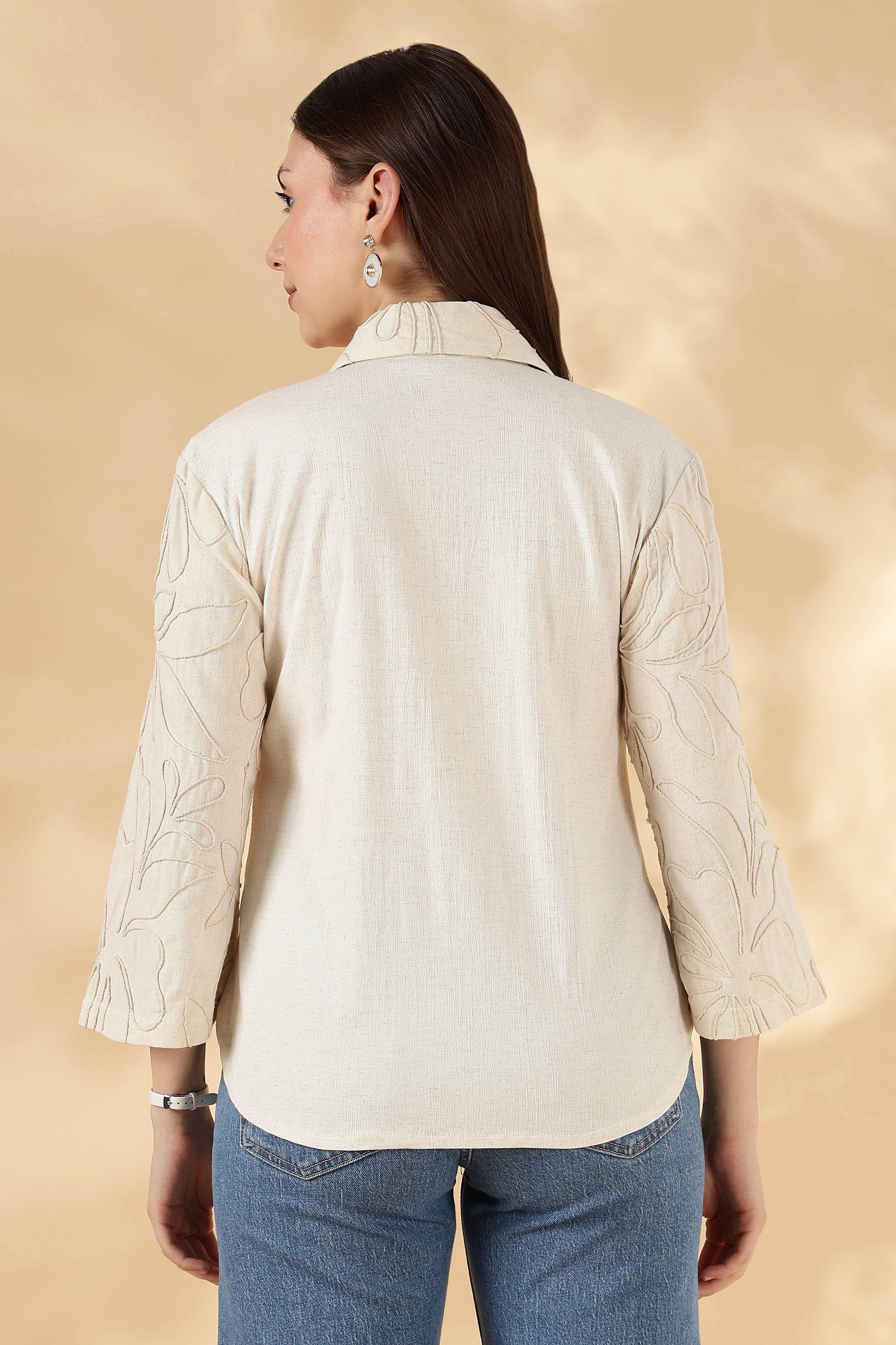 Khadi Style Cream Cotton Polo With 3/4th Hand Embroidered Bell Sleeves