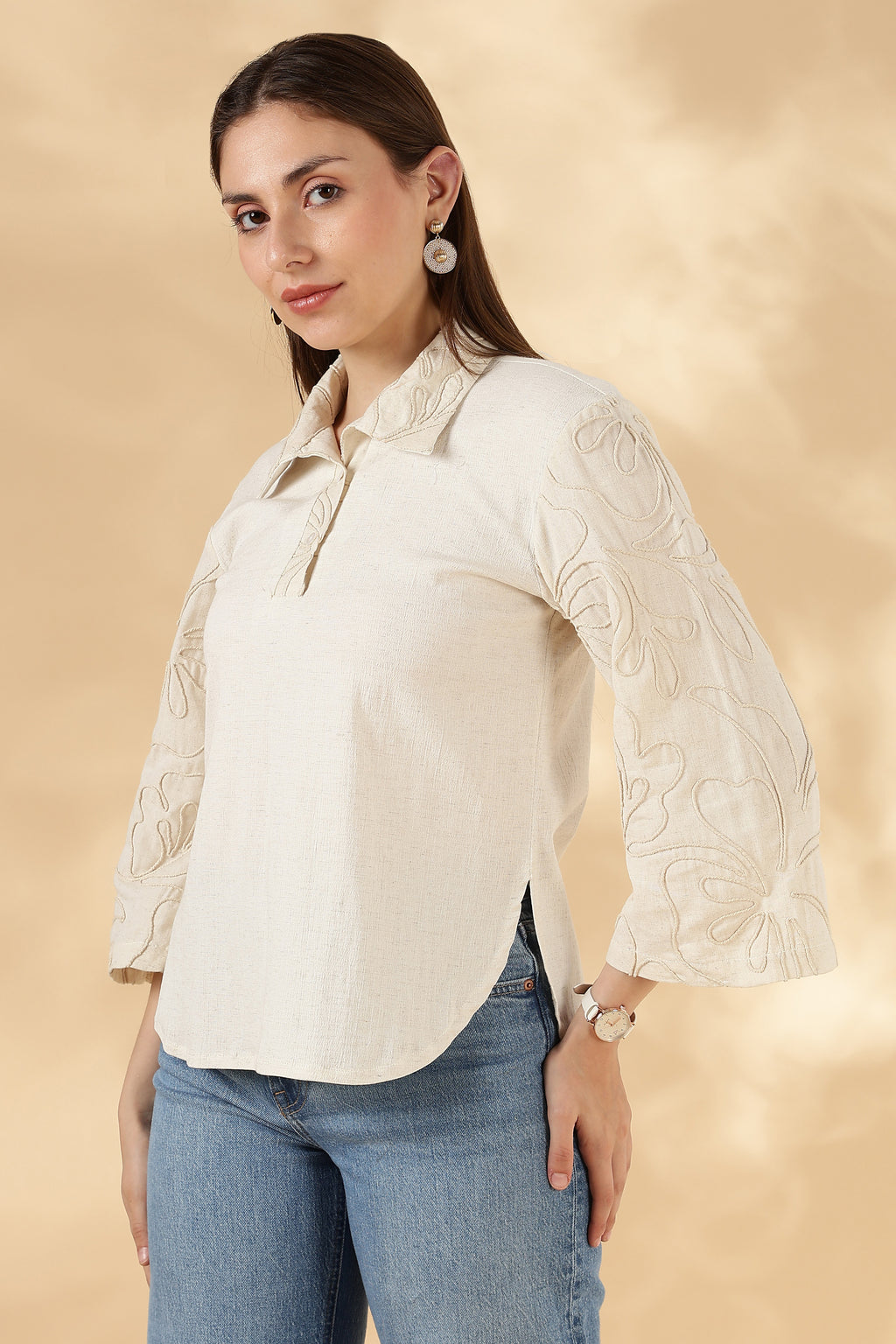Khadi Style Cream Cotton Polo With 3/4th Hand Embroidered Bell Sleeves