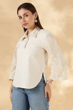 Khadi Style Cream Cotton Polo With 3/4th Hand Embroidered Bell Sleeves