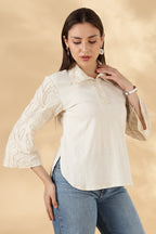 Khadi Style Cream Cotton Polo With 3/4th Hand Embroidered Bell Sleeves
