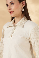 Khadi Style Cream Cotton Polo With 3/4th Hand Embroidered Bell Sleeves