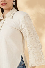 Khadi Style Cream Cotton Polo With 3/4th Hand Embroidered Bell Sleeves