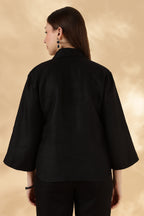 Pure Linen Black Loose fit Polo with 3/4th bell Sleeves
