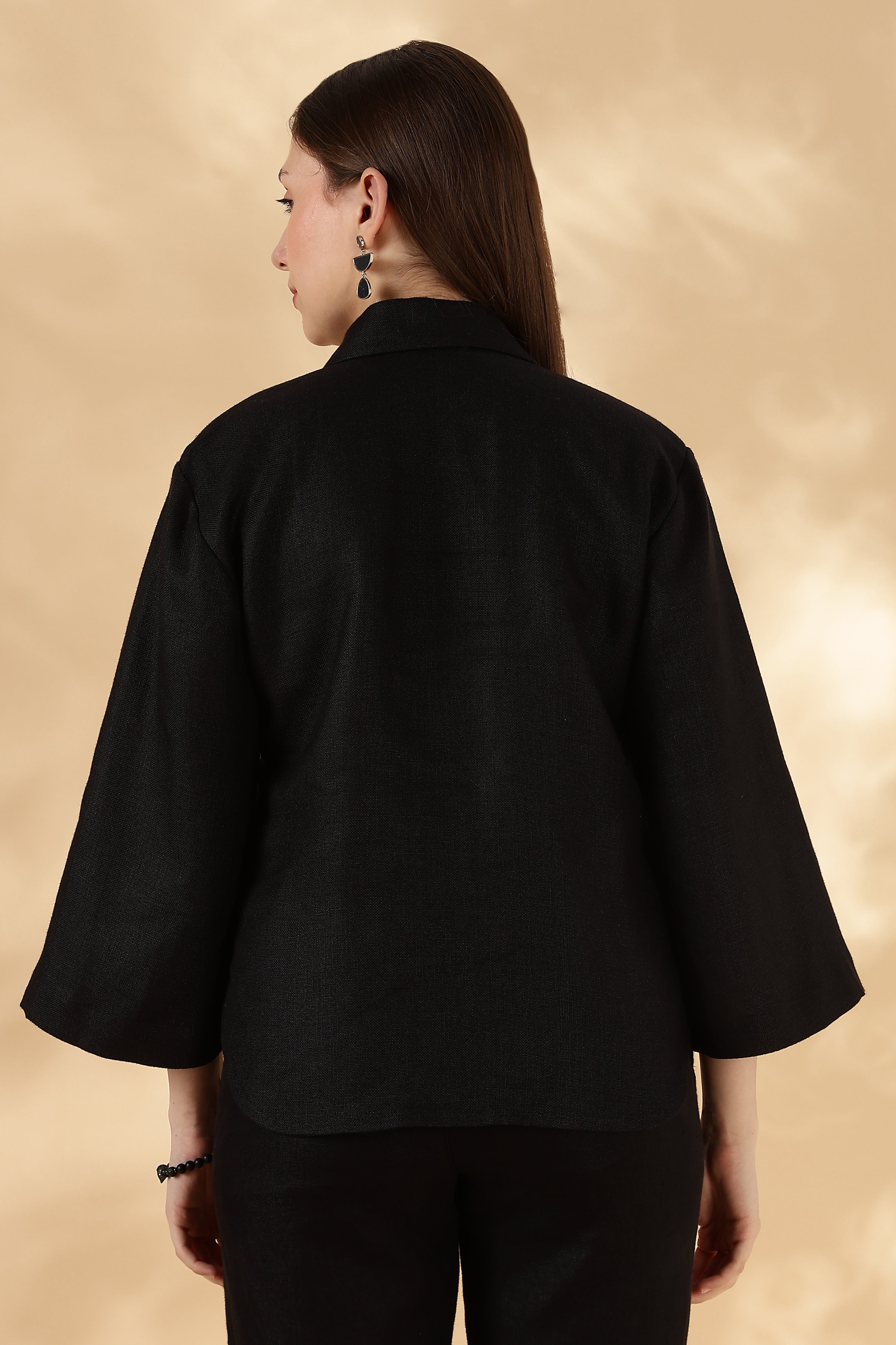 Pure Linen Black Loose fit Polo with 3/4th bell Sleeves