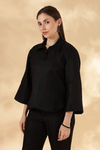 Pure Linen Black Loose fit Polo with 3/4th bell Sleeves