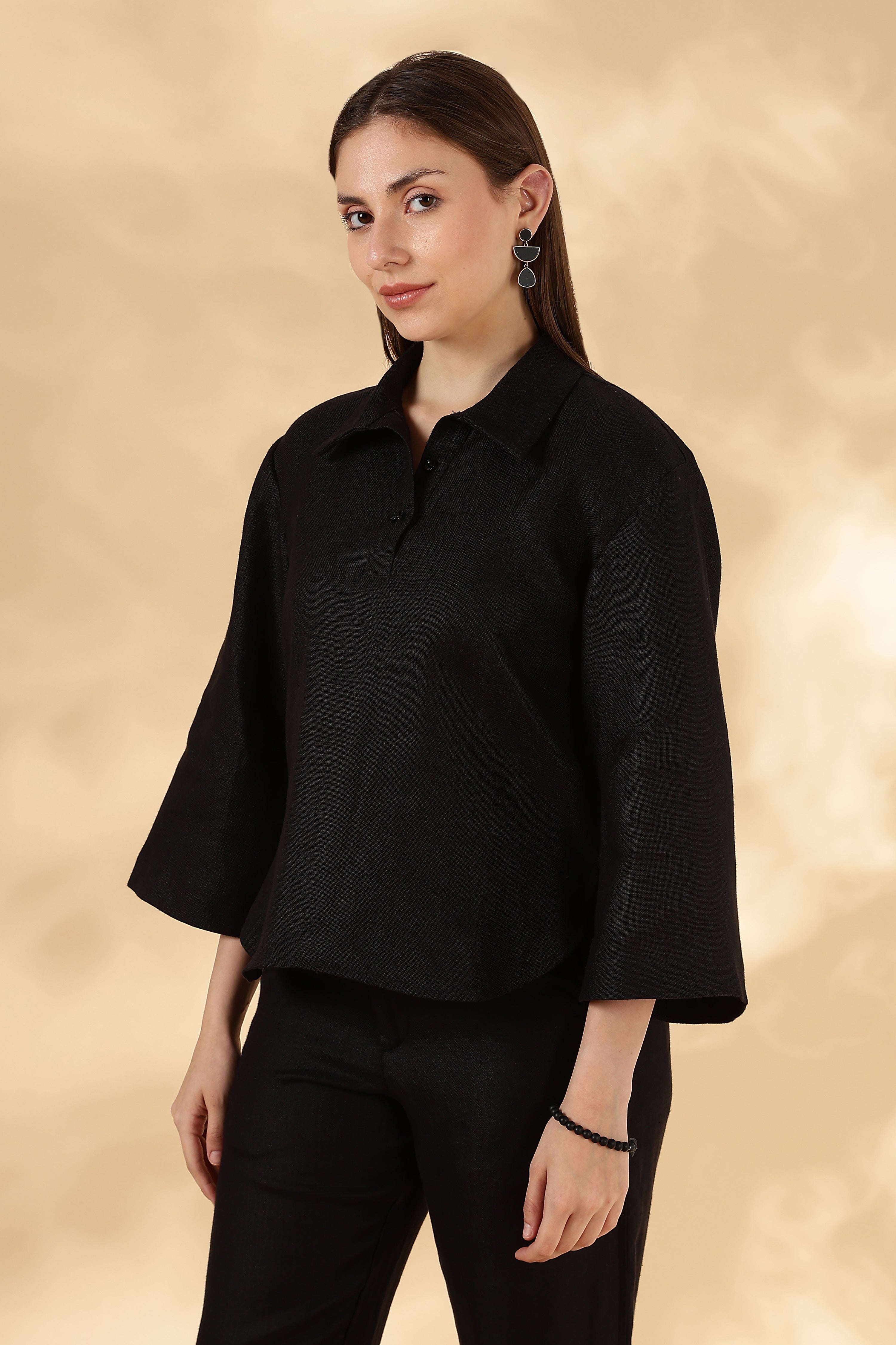 Pure Linen Black Loose fit Polo with 3/4th bell Sleeves