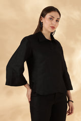 Pure Linen Black Loose fit Polo with 3/4th bell Sleeves