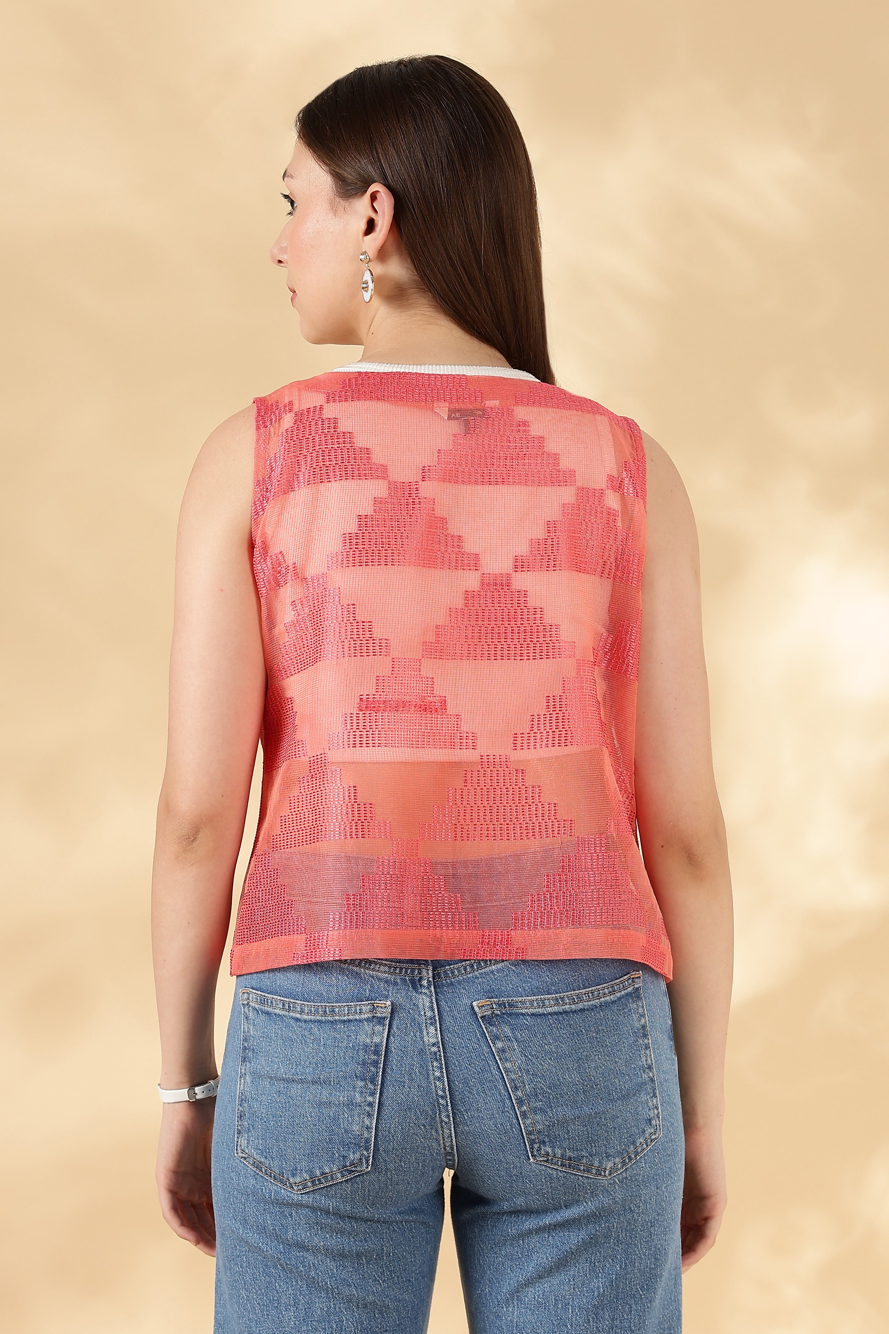 Kota Doria Peach Cover up Sheer Vest