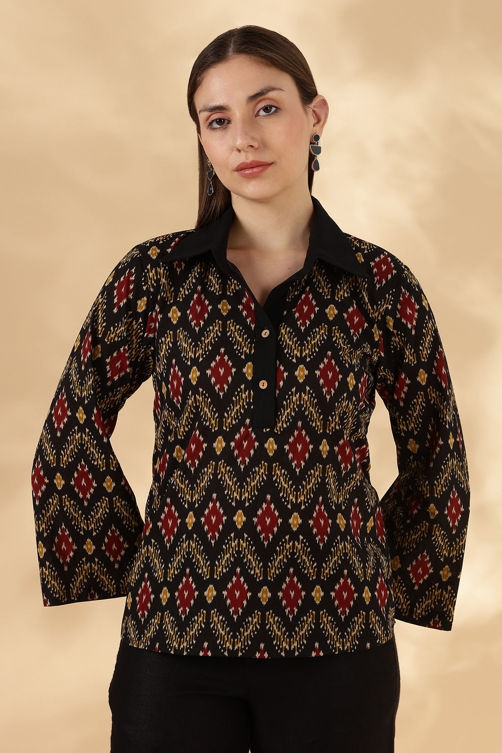Black Ikkat Cotton Polo with bell sleeves