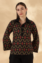 Black Ikkat Cotton Polo with bell sleeves