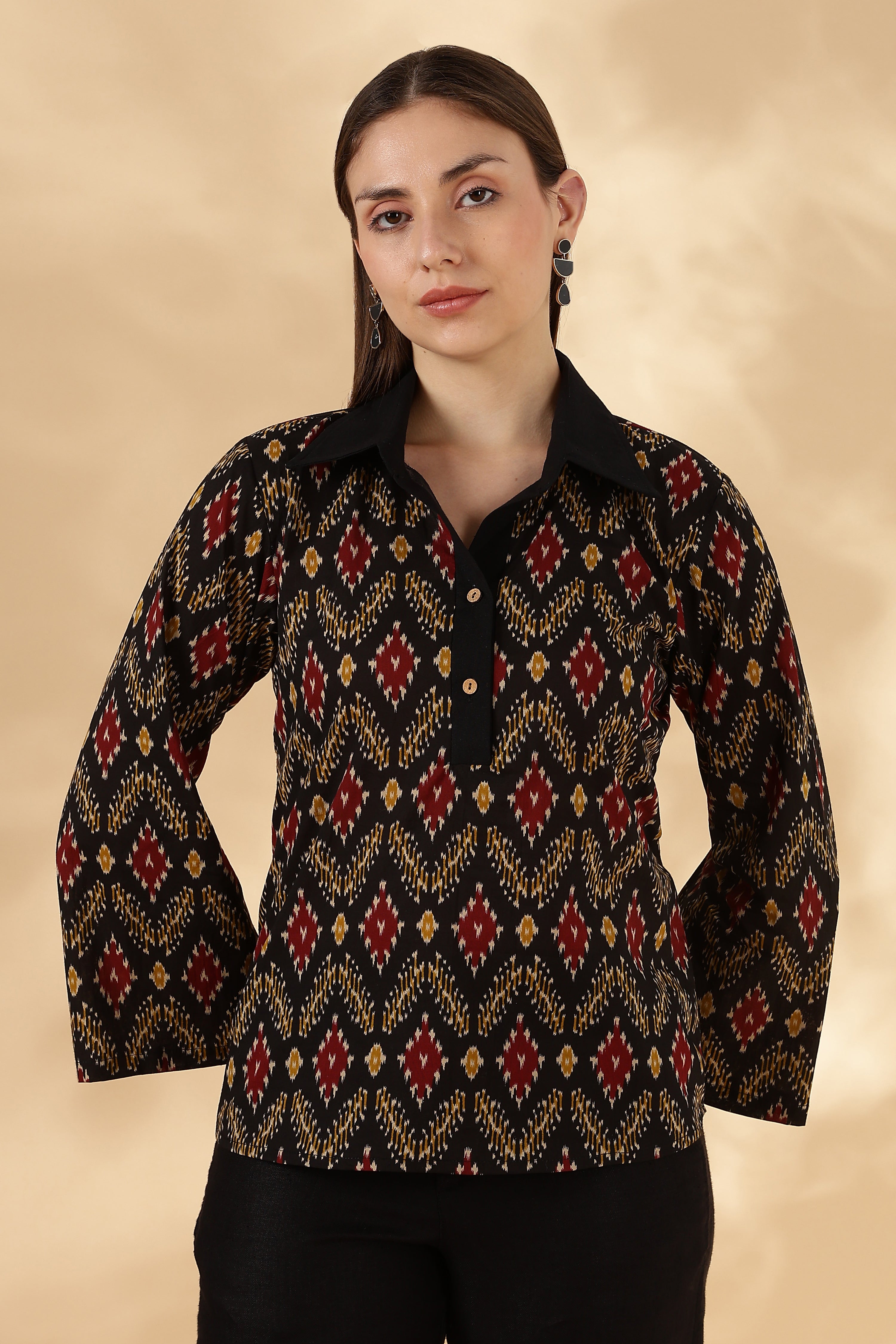 Black Ikkat Cotton Polo with bell sleeves