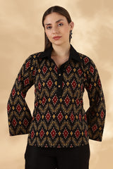 Black Ikkat Cotton Polo with bell sleeves