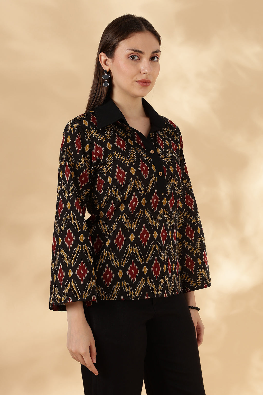 Black Ikkat Cotton Polo with bell sleeves