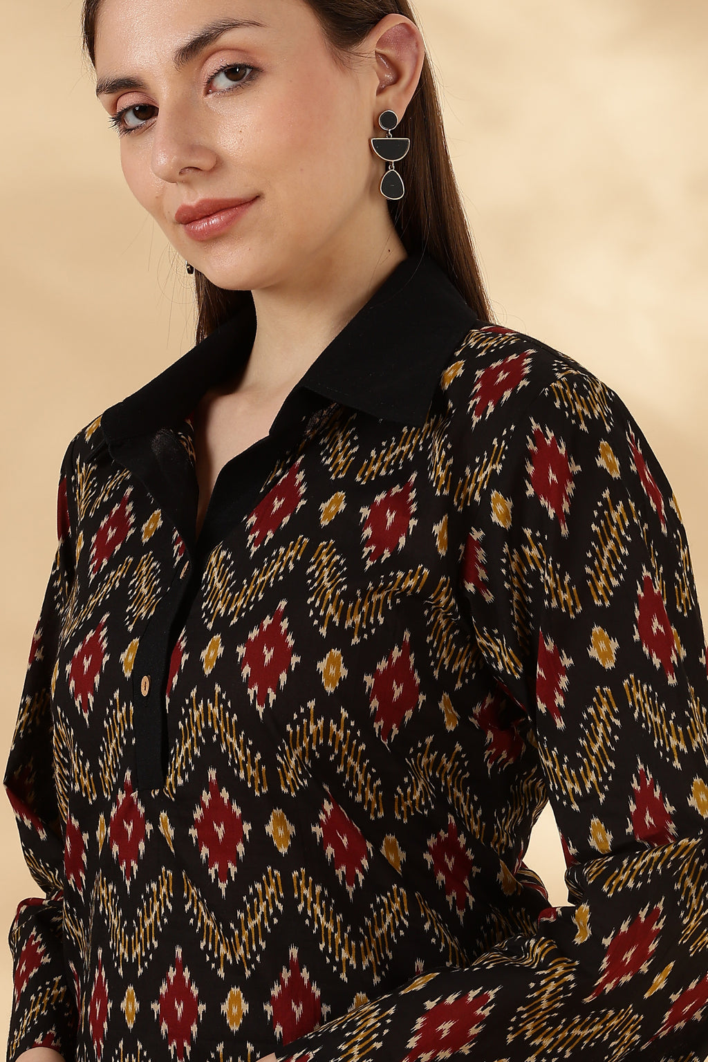 Black Ikkat Cotton Polo with bell sleeves