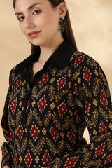 Black Ikkat Cotton Polo with bell sleeves