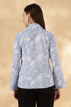 Blue paisley print loose fit Cotton Polo with bell sleeves